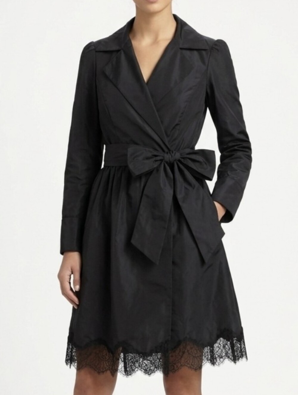 Donna Morgan Wrap Dress Black Gothic Bow Lace size 2 Fits Size 0 Perfectly